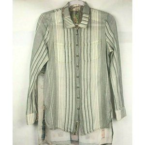 Aratta Silent Journey Top Blouse Tunic Striped Button Long Sleeve Roll Tab S